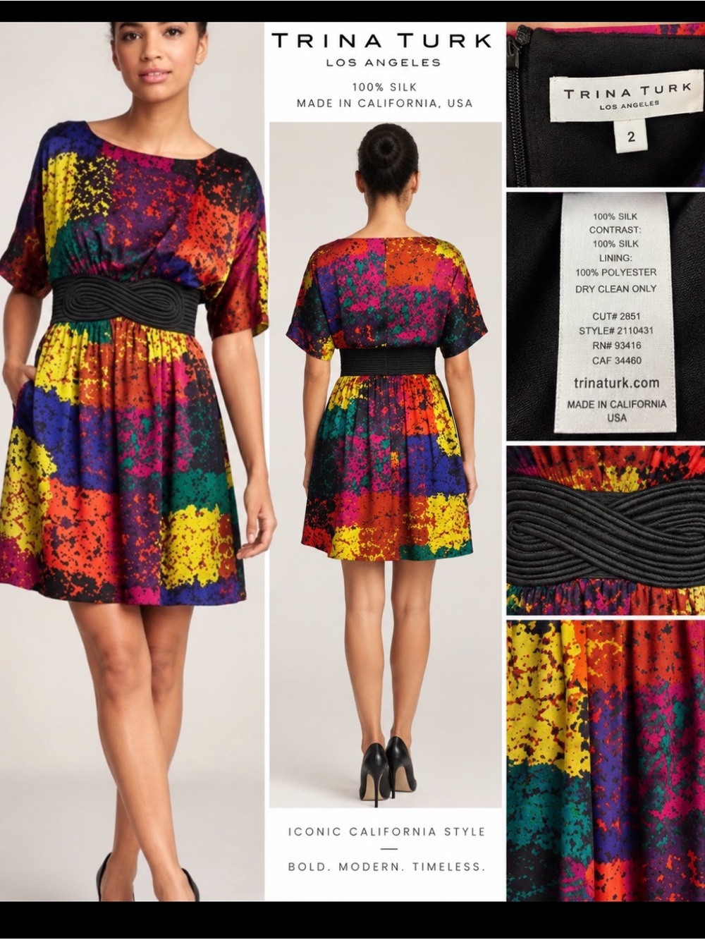Trina Turk Vibrant Multicolor Silk Fit-and-Flare Dress with Black Waistband